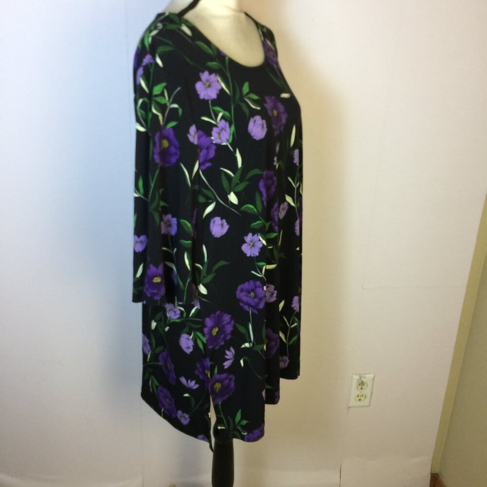 New! Leota Blouse Tunic Top XL Black Purple Floral Knit 3/4 Flare Sleeve - Picture 3 of 16